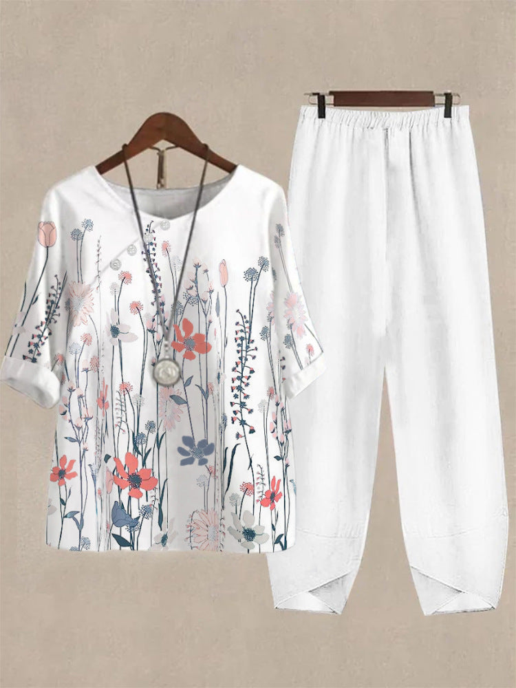 Damen Freizeit Oberteil mit floralem Muster und bequemer Hose R&B