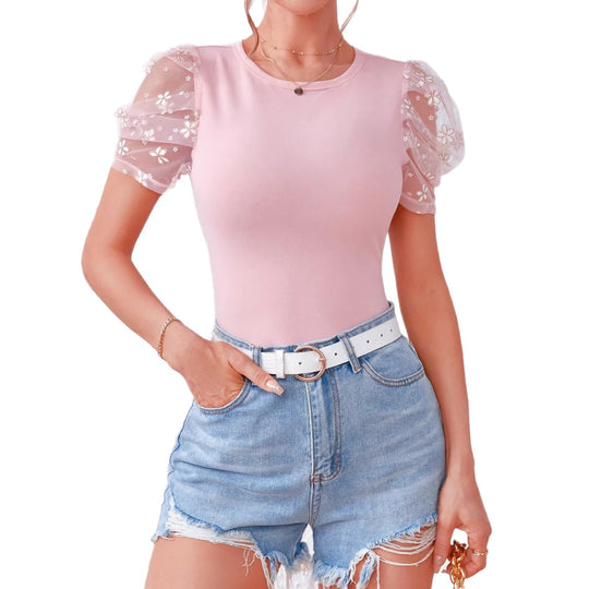 Damen Buntes T-Shirt mit Puffärmeln und Blumenmuster R&B