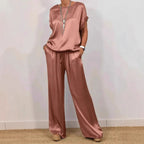 Damen Elegantes Satin Lounge-Set mit weitem Schnitt und lässigem Oberteil R&B