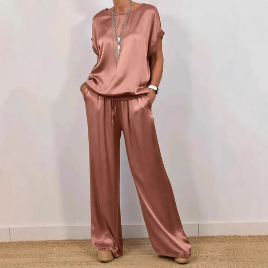 Damen Elegantes Satin Lounge-Set mit weitem Schnitt und lässigem Oberteil R&B