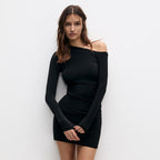 Damen Elegantes figurbetontes Kleid mit asymmetrischem Ausschnitt und langen Ärmeln R&B