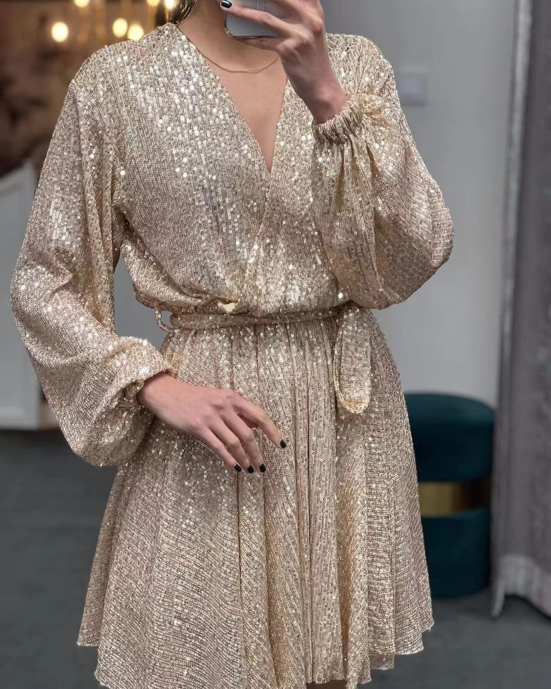Damen funkelndes Cocktailkleid mit V-Ausschnitt und Taillengürtel R&B