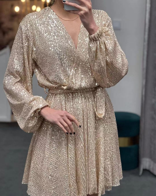 Damen funkelndes Cocktailkleid mit V-Ausschnitt und Taillengürtel R&B