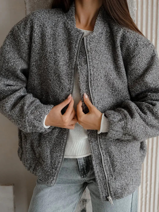 Damen Modische Bomberjacke aus weichem Wollmix mit Extragroßen Ärmeln R&B