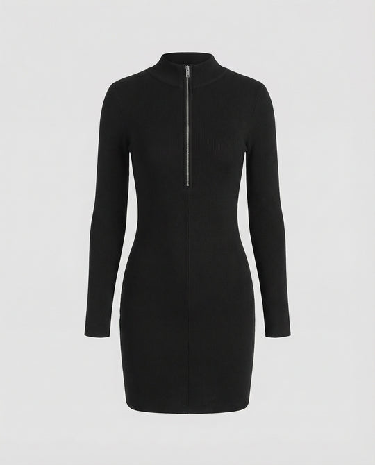 Sexy Schwarzes Figurbetontes Kleid mit Stretch und Stehkragen