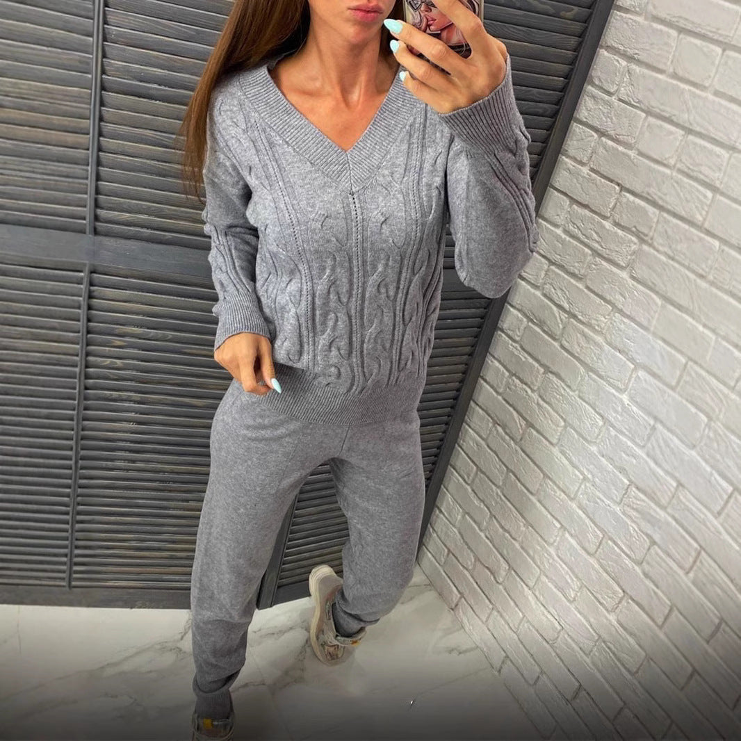Damen Strickpullover und Jogginghose Set mit Zopfmuster R&B