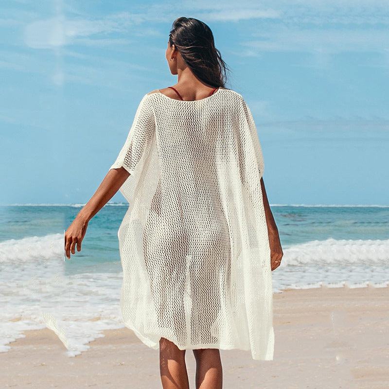 Damen Strandkleid mit romantischem Häkelmuster und voluminösen Ärmeln R&B