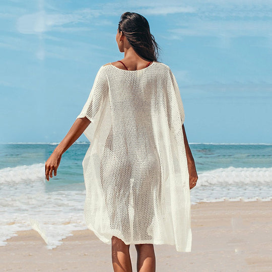 Damen Strandkleid mit romantischem Häkelmuster und voluminösen Ärmeln R&B