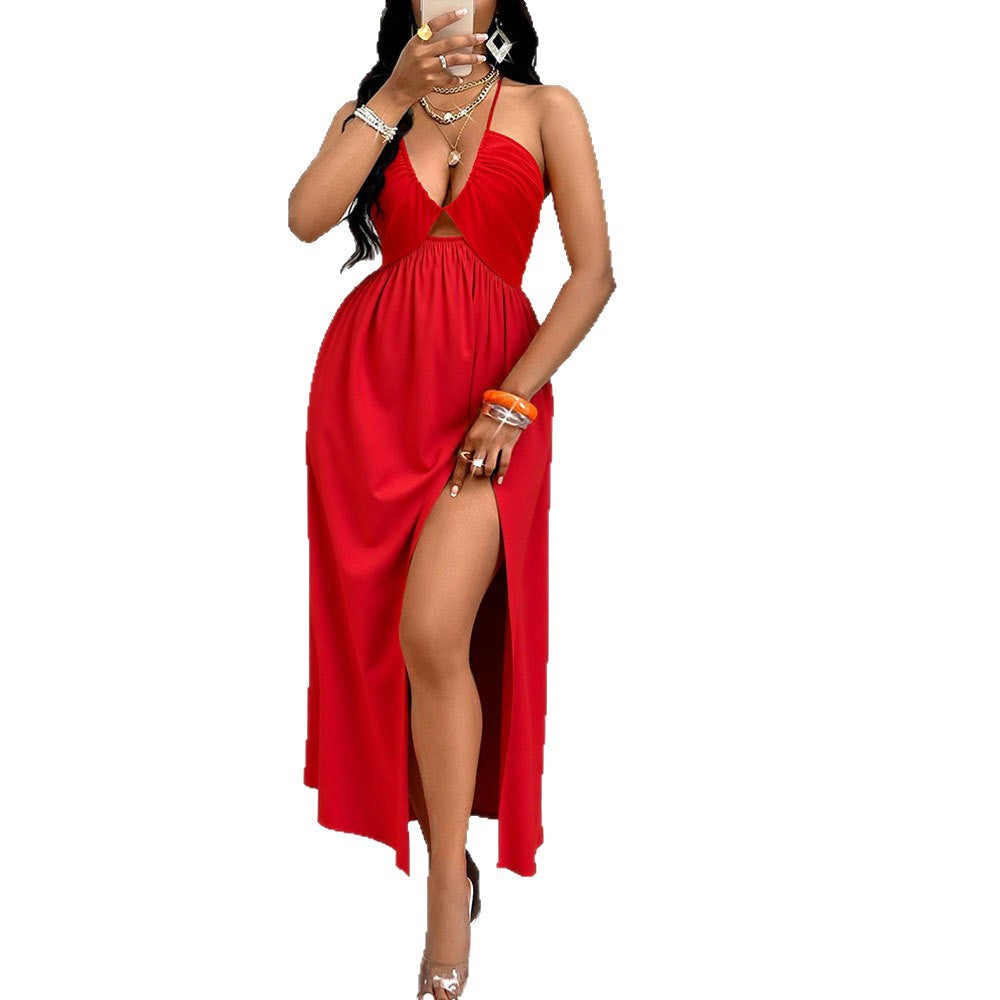 Damen Maxikleid mit tiefem V-Ausschnitt und seitlichem Schlitz R&B