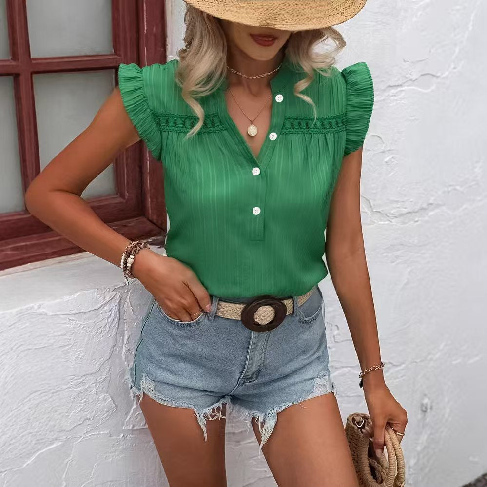 Damen Bluse mit Rüschendetails und kurzem Ärmel R&B