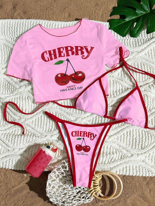 Damen Bikini-Set mit trendigem Kirschmotiv und lässigem Crop-Top R&B