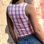 Damen figurbetontes Karo-Top mit elegantem Schnitt und transparenten Einsätzen R&B