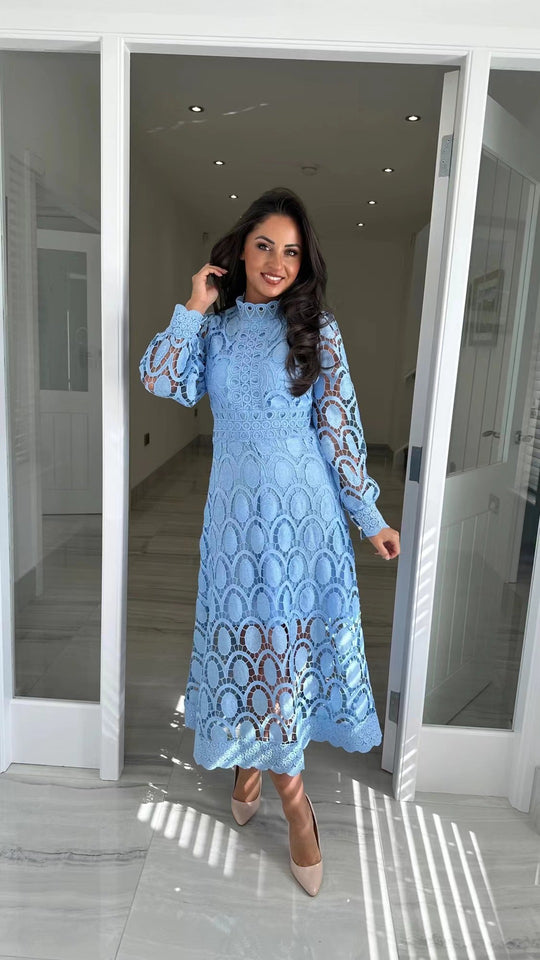 Damen nan gehäkeltes Midikleid mit Stehkragen transparenten Spitzenärmeln und taillierter A-Linie R&B