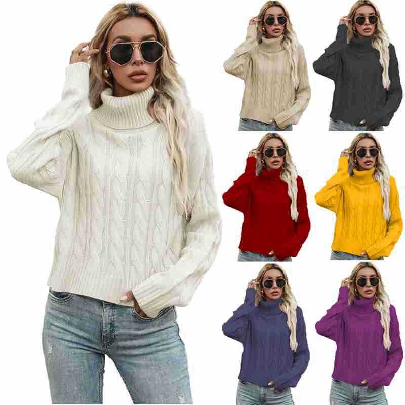Damen Grobstrickpullover mit hohem Rollkragen und markantem Zopfmuster R&B