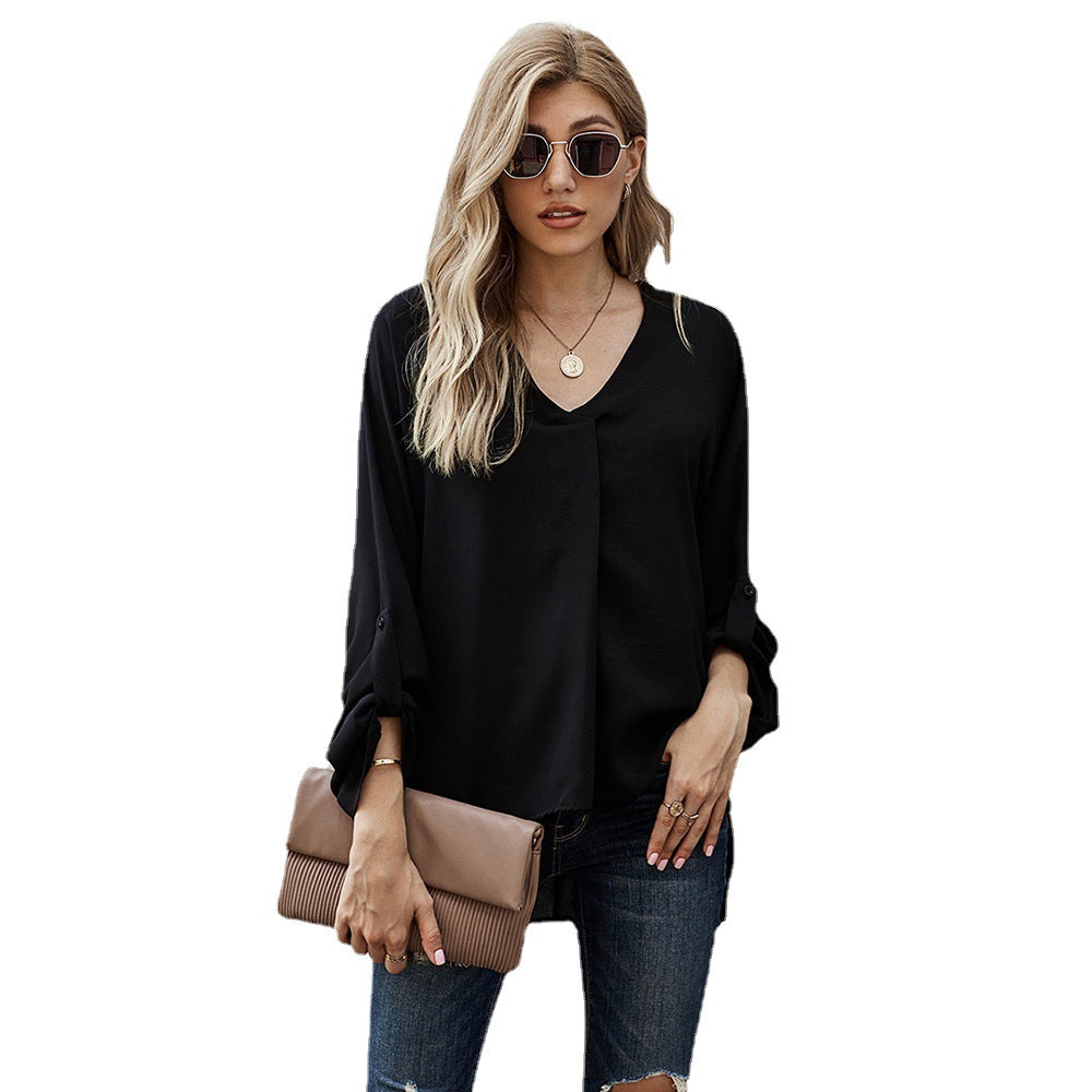 Damen Bluse mit V-Ausschnitt und lässigen langen Ärmeln R&B
