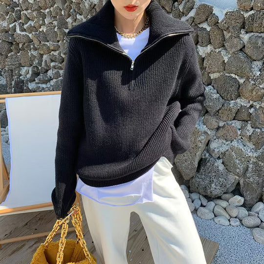 Damen Leichter Strickpullover mit hohem Kragen und Reißverschluss R&B