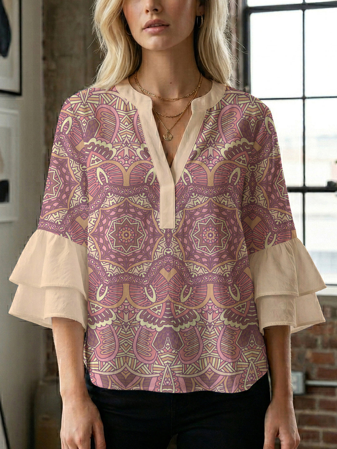 Damen elegantes Blusenshirt mit voluminösen Rüsenärmeln und grafischem Blumendesign R&B