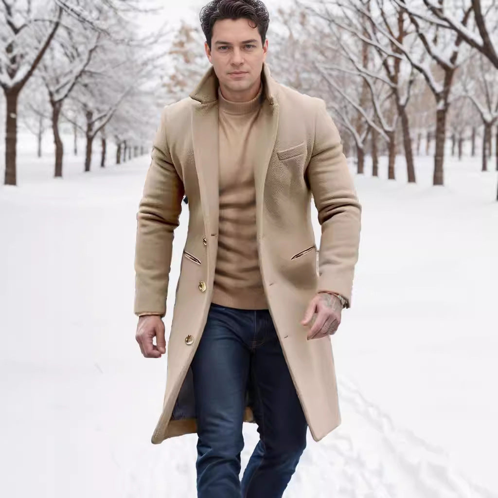 Herren eleganter Wollmantel mit schmalem Schnitt und goldenen Knöpfen R&B