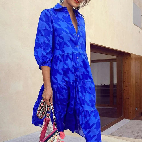 Damen Langarm-Hemdblusenkleid mit modischem Muster und praktischen Taschen R&B