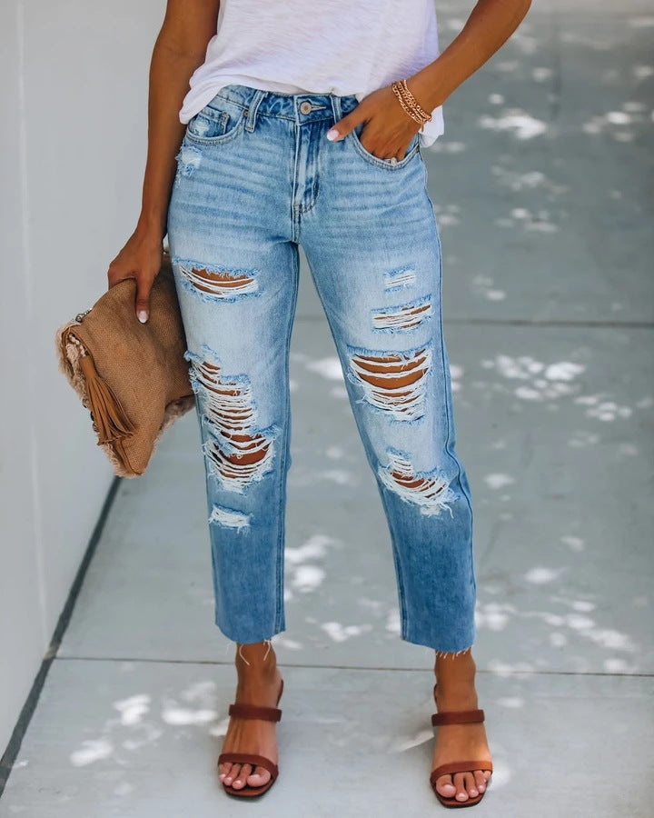 Damen Hohe Taillierte Ripped Jeans im modernen Straight-Leg Schnitt R&B