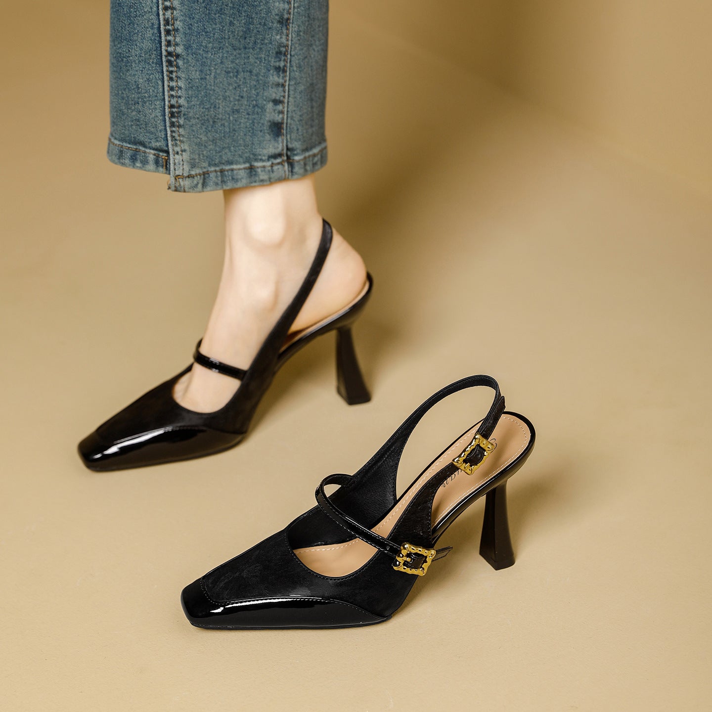 Damen Slingback-Pumps mit eleganter Quadratischer Spitze und glänzendem Riemendesign