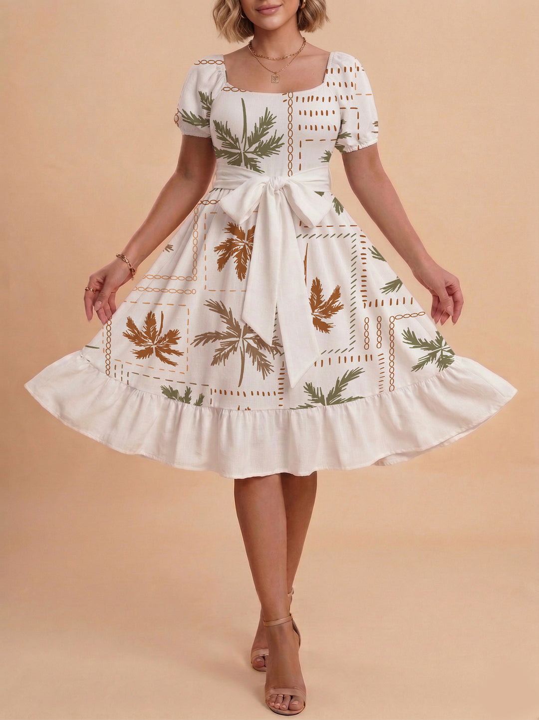 Damen Sommerliches Blumenkleid mit taillierbarem Gürtel und voluminösen Ärmeln R&B