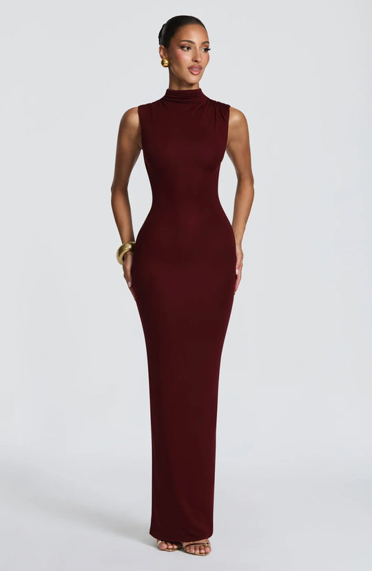 Damen Elegantes langes Kleid mit hohem Kragen und figurbetonter Silhouette R&B
