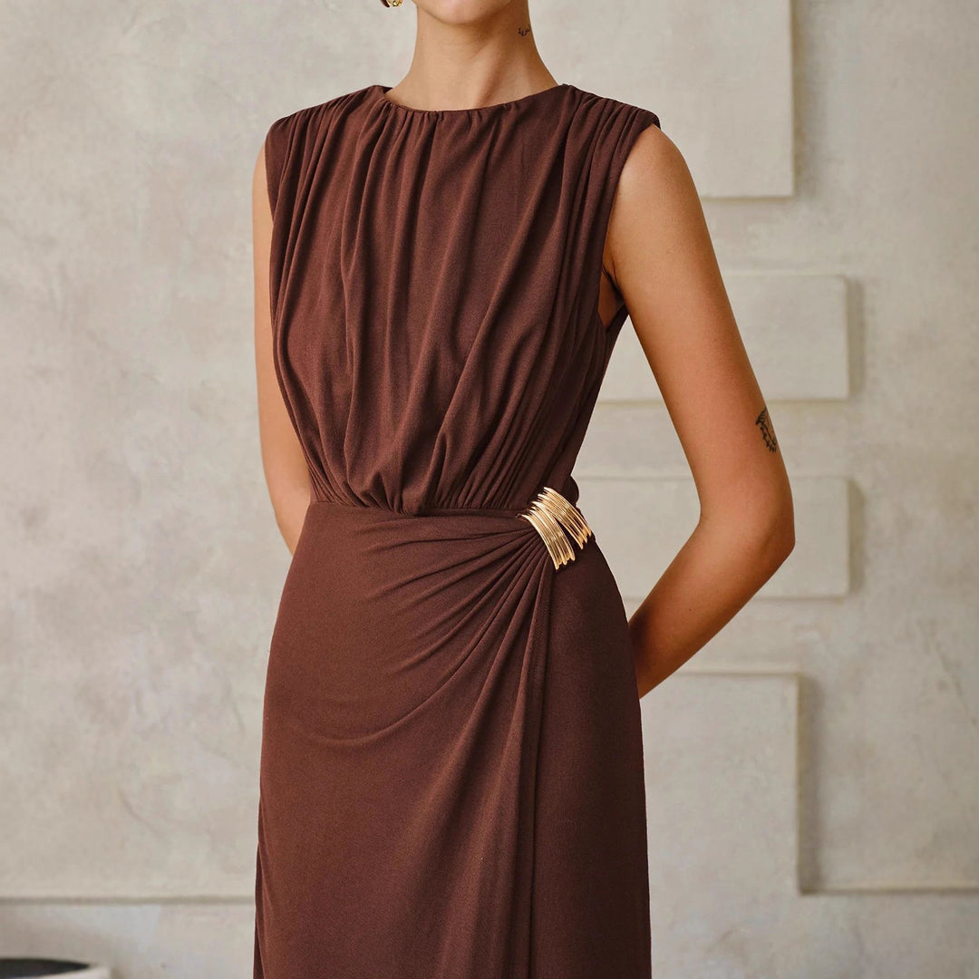 Damen Satin Maxikleid ärmellos mit Raffungen