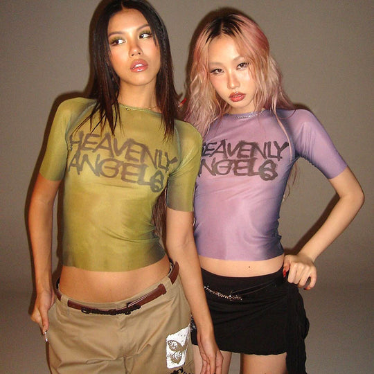 Damen transparentes Kurzarmshirt mit grafischem Schriftzug R&B