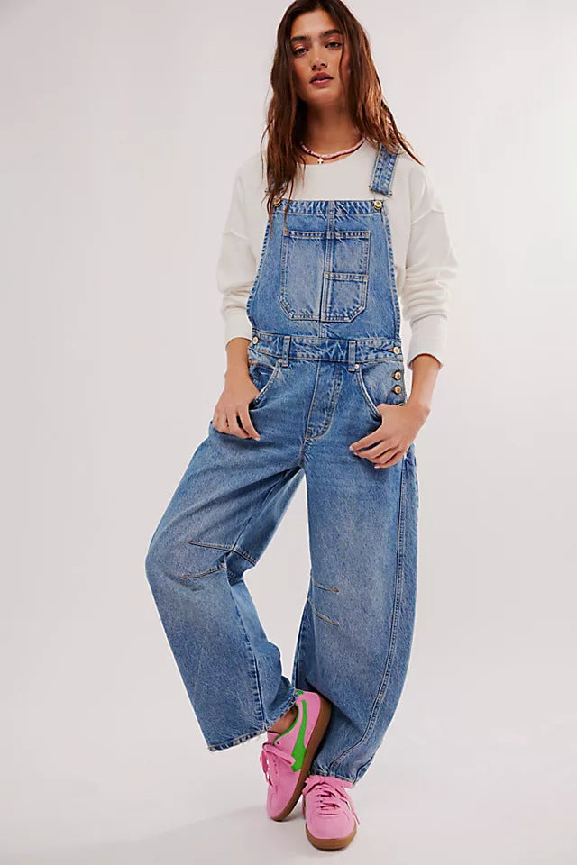 Damen lässige Denim-Latzhose im modernen Schnitt mit verstellbaren Trägern R&B