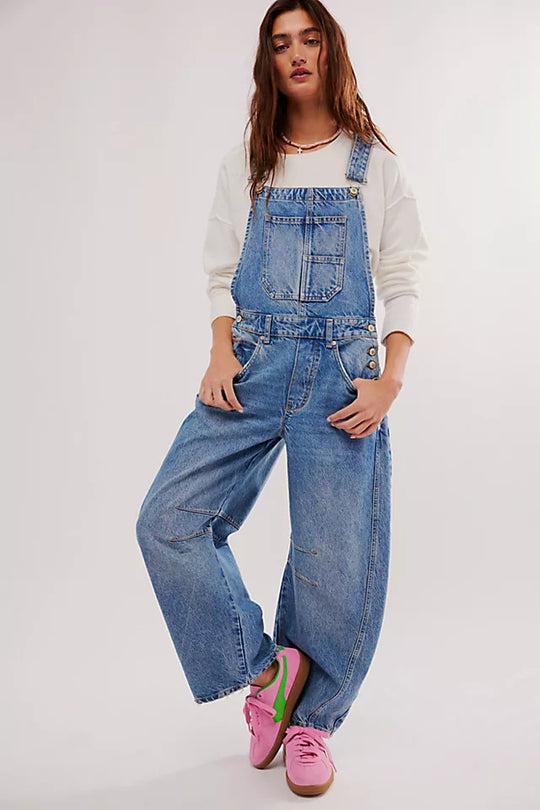 Damen lässige Denim-Latzhose im modernen Schnitt mit verstellbaren Trägern R&B