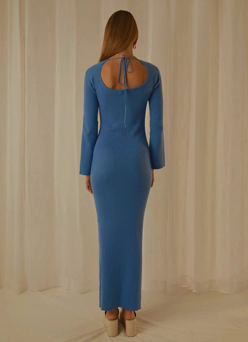 Damen elegantes Maxikleid mit tiefem Rundhals und modernen Trompetenärmeln R&B
