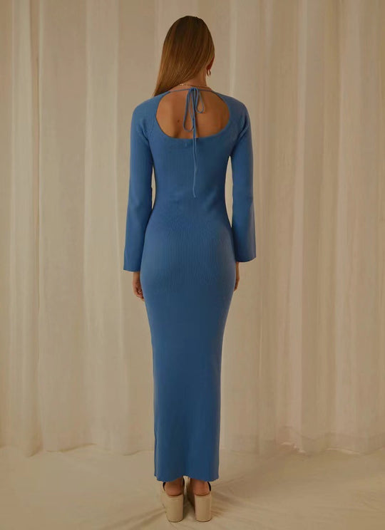 Damen elegantes Maxikleid mit tiefem Rundhals und modernen Trompetenärmeln R&B