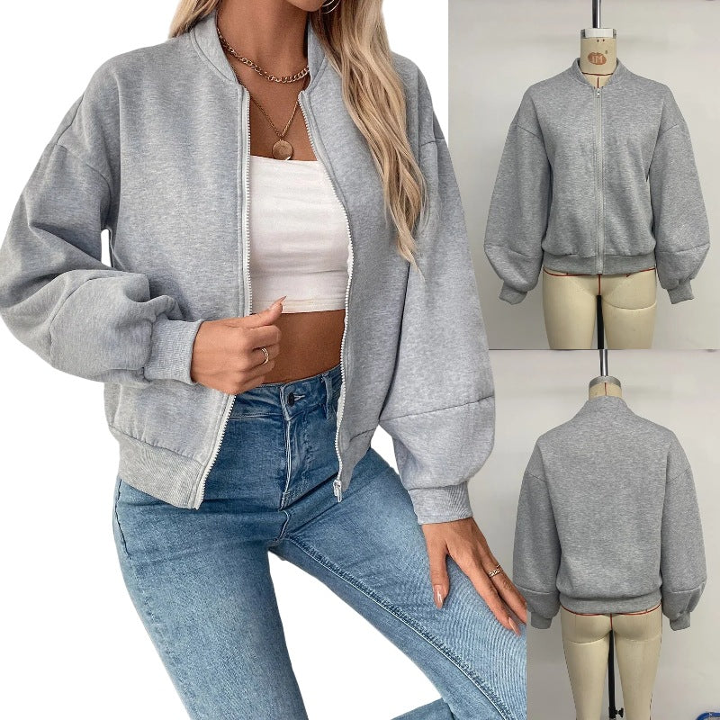 Damen sportliche Sweatjacke mit voluminösen Ärmeln und hohem Kragen R&B