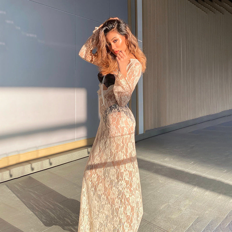 Damen elegantes Spitzenkleid mit tiefer Rückenansicht und langen Ärmeln R&B