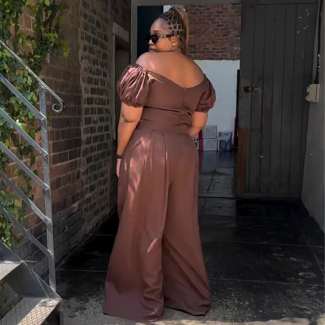 Damen Crop-Top und Palazzo-Hosen Set mit voluminösen Ärmeln und eleganten Falten R&B