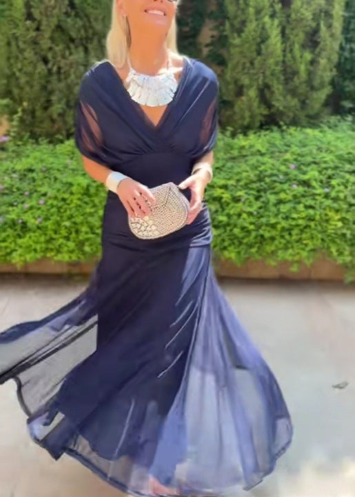 Damen nan elegantes bodenlanges Abendkleid mit drapierter Schulterpartie und luftiger Chiffon-Rock R&B