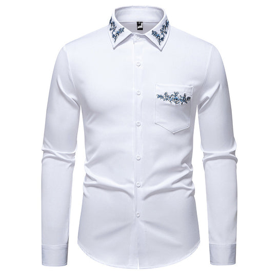 Herren Langarmhemd mit eleganter Blumenstickerei und modernem Kragen R&B