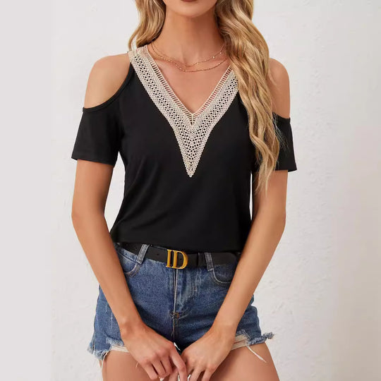 Damen nan leichtes Jerseyshirt mit offenen Schultern, tiefem V-Ausschnitt und gehäkeltem V‑Einsatz R&B