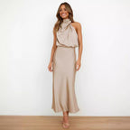 Damen Fließendes Maxikleid mit elegantem Stehkragen und Drapierung R&B
