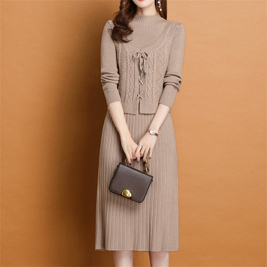 Damen elegantes Strickkleid mit hochgeschlossenem Kragen und dekorativem Zopfdesign R&B