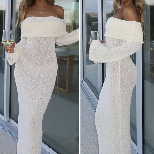 Damen Off-Shoulder Maxikleid mit langem Arm und elegantem Stoff R&B