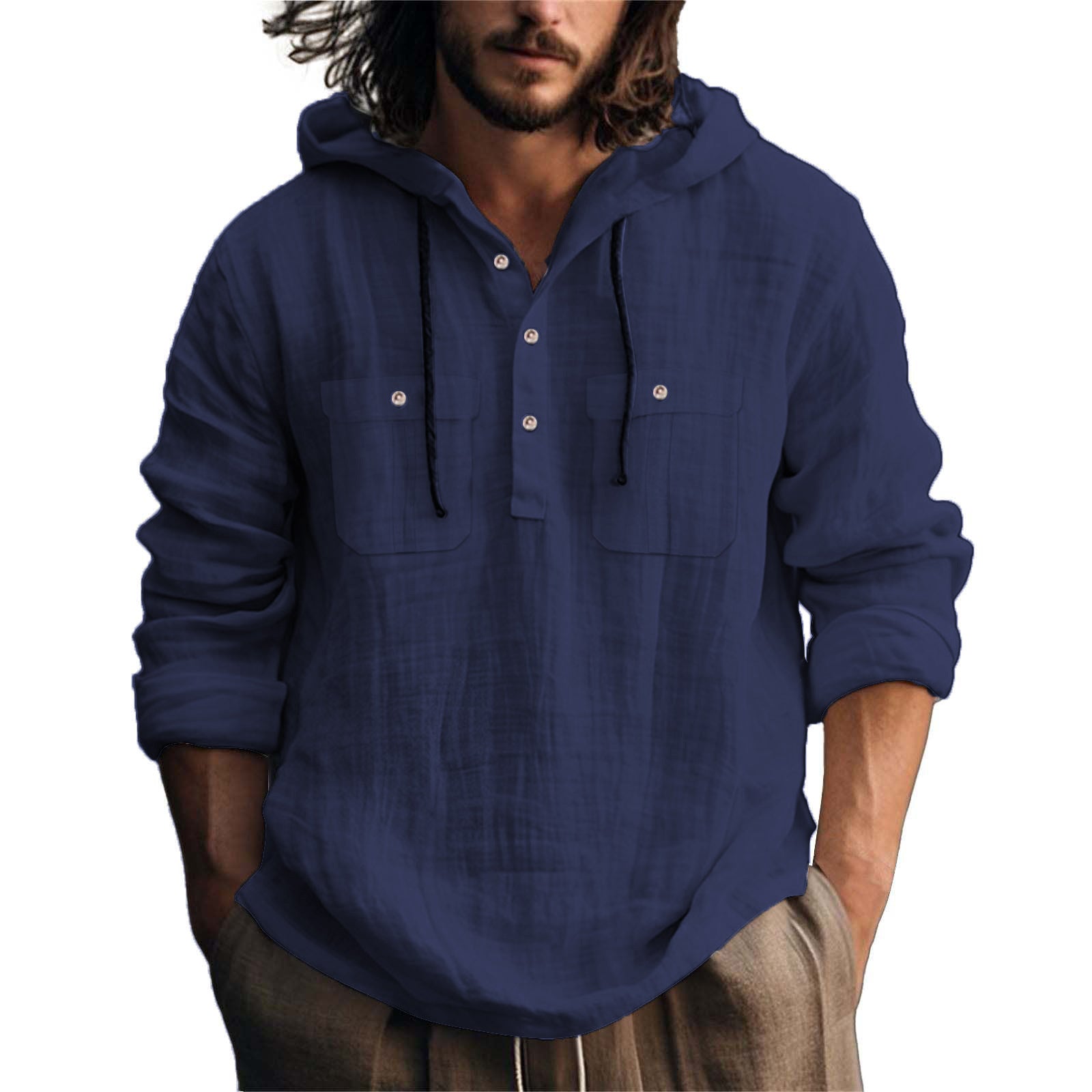 Herren lässiger Kapuzenpullover mit Knopfleiste und praktischen Taschen R&B