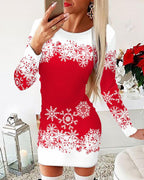 Damen festliches Langarmkleid mit Schneeflockenmotiv