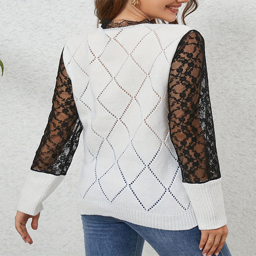 Damen V-Ausschnitt Pullover mit eleganten Spitzenärmeln R&B