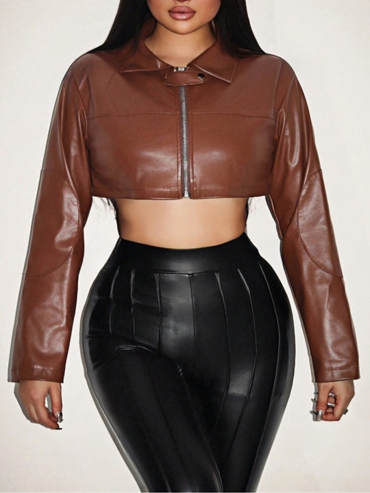 Damen cropped Kunstlederjacke mit innovativem Reißverschluss R&B