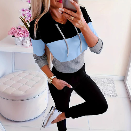 Damen modischer Freizeitpullover mit Kapuze und Farbblockdesign R&B