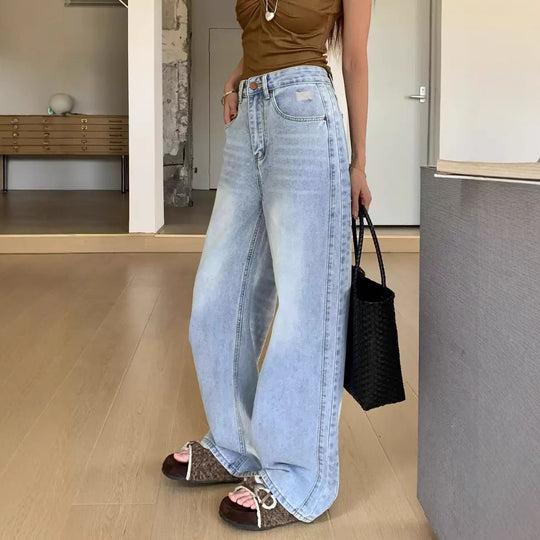 Damen Weite High-Waist Denim-Hose mit modischem Schnitt und lässigen Details R&B