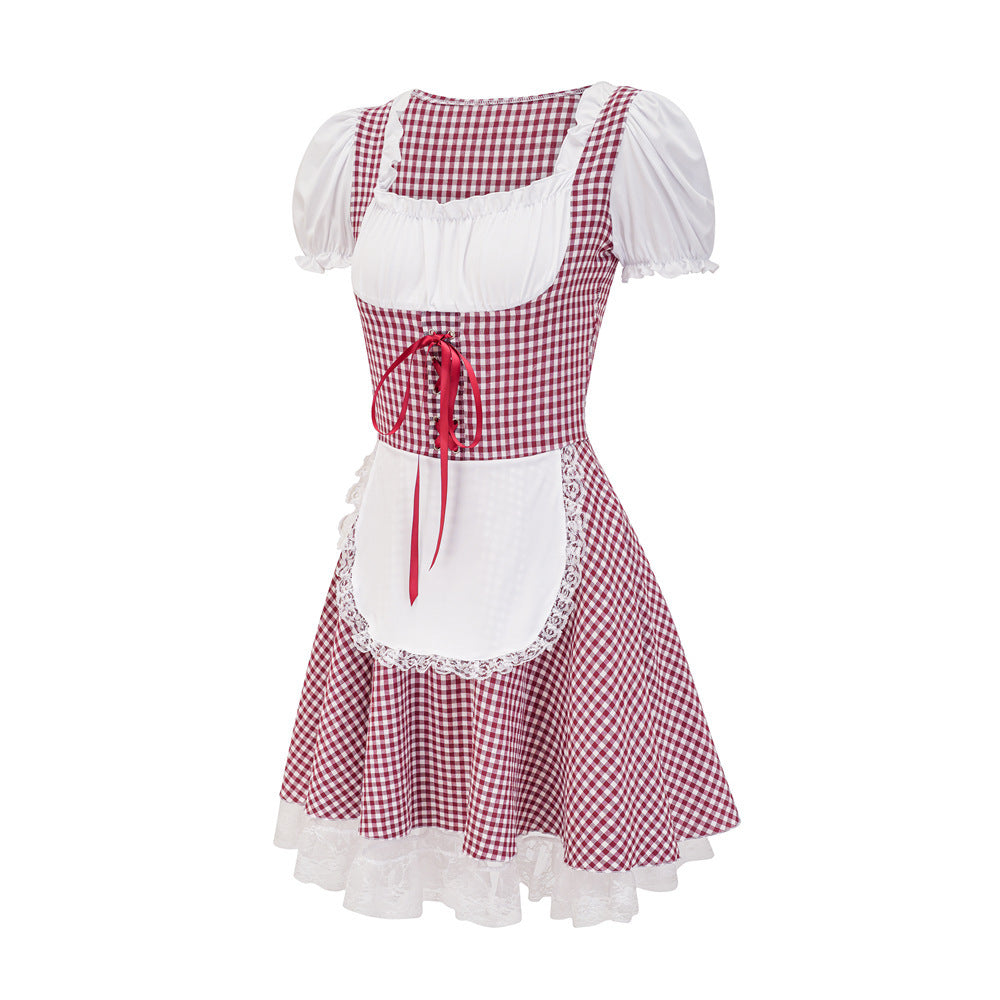 Damen Dirndlkleid mit traditionellem Karomuster und romantischen Rüschendetails R&B