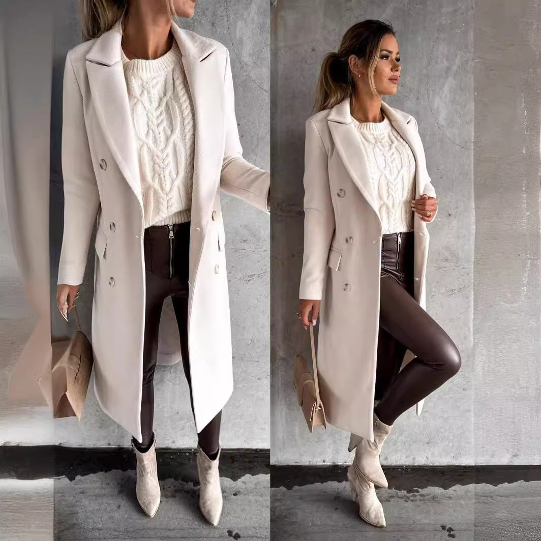 Damen Eleganter Doppelreiher-Mantel mit strukturiertem Stoff und taillierbarem Gürtel R&B